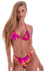 womens swimwear moderate coverage high cut swimsuit bikini in Tahitian floral pink yellow; Moderate High Cut Bottom in Tahitian Sunset, Rear View; Moderate High