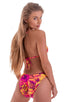womens swimwear moderate coverage high cut swimsuit bikini in Tahitian floral pink yellow; Moderate High Cut Bottom in Tahitian Sunset, Rear View; Moderate High
