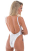 One Piece Keyhole Rio Bikini in Metallic Liquid Chrome, Front View; One Piece Keyhole Rio Bikini in Metallic Liquid Chrome, Rear View; One Piece Keyhole Rio Bik