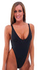 womens sexy swimwear one piece thong swimsuit in ThinSkinz Black; One Piece Thong Bikini in ThinSkinz Black, Front View; One Piece Thong Bikini in ThinSkinz Bla