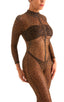 This is a very sexy womens bodysuit catsuit with long sleeves mandarin collar front zipper sheer see-through jaguar mesh great for Halloween costume 