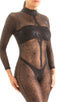 This is a very sexy womens bodysuit catsuit with long sleeves mandarin collar front zipper sheer see-through spiderweb mesh great for Halloween costume 