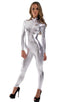 Front Zipper Catsuit-Bodysuit in Liquid Chrome, Front View; Front Zipper Catsuit-Bodysuit in Liquid Chrome, Rear View; Front Zipper Catsuit-Bodysuit in Liquid C