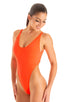 Womens One Piece Thong Swimsuit in Blazing Orange 1; Womens One Piece Thong Swimsuit in Blazing Orange 2; Womens One Piece Thong Swimsuit in Blazing Orange 3; W