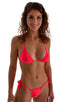 Brazilian Triangle Swim Top in Semi Sheer ThinSKINZ Neon Coral, Front View; Brazilian Triangle Swim Top in Semi Sheer ThinSKINZ Neon Coral, Rear View; Brazilian