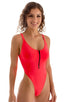 womens sexy zipper front one piece high cut swimsuit skinz swimwear in Sheer Neon Coral; One Piece Zipper in Semi Sheer ThinSKINZ Neon Coral, Rear View; One Pie